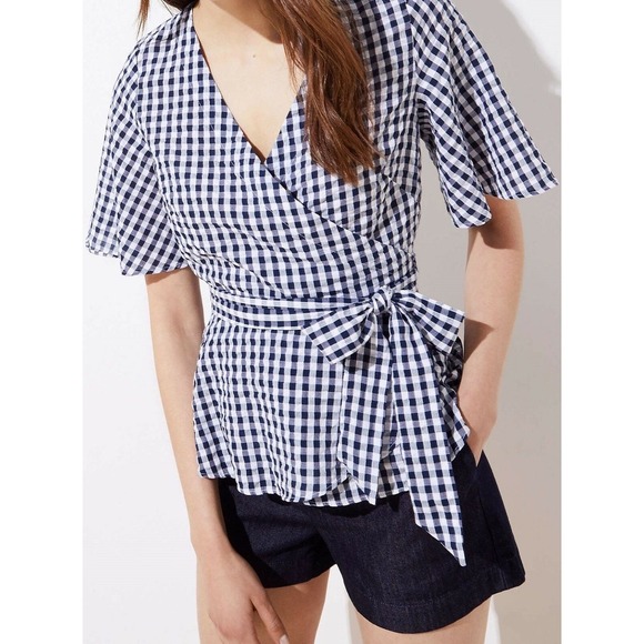 LOFT Tops - LOFT Womens Navy Gingham Check Wrap Top Short Flutter Sleeve Cotton Size L
